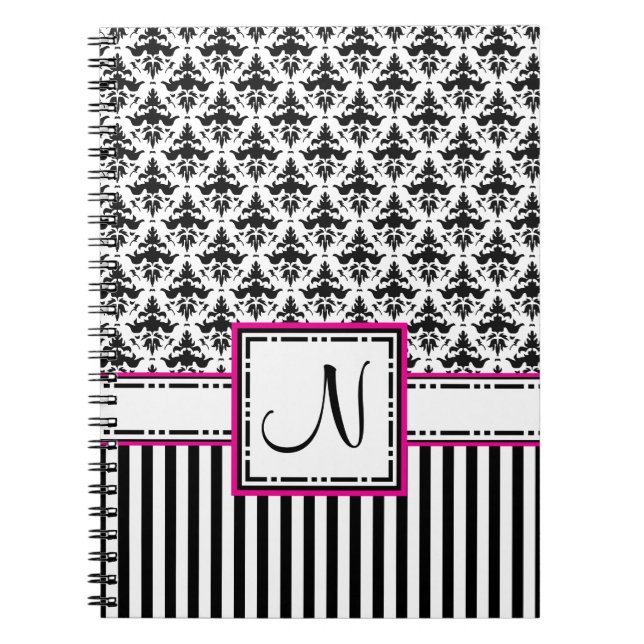 Letter N Black and Hot Pink Monogram Damask Spiral Notebook (Front)