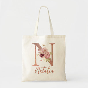 Letter N Blush pink Glitter Floral Monogram Tote Bag