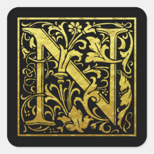 Letter N First Letter Faux Gold black Square Sticker