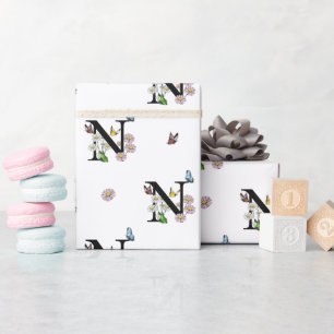 Letter N Floral Watercolor Butterfly Monogram Wrapping Paper