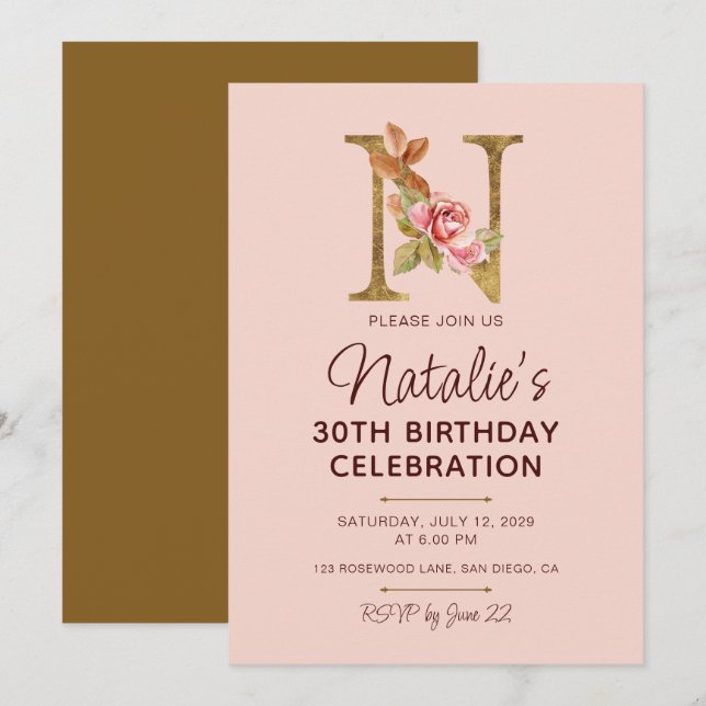 Letter N Gold Monogram Blush Pink Roses Invitation (Front/Back)