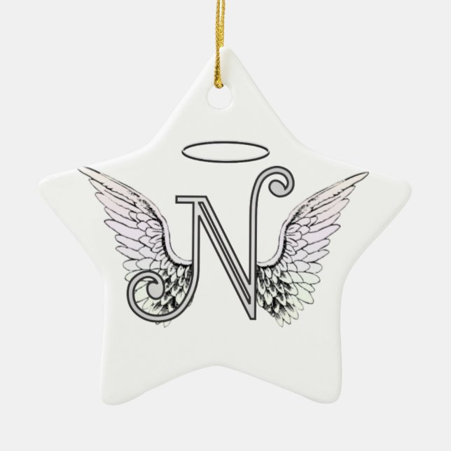 Letter N Initial Monogram with Angel Wings & Halo Ceramic Tree Decoration (Front)