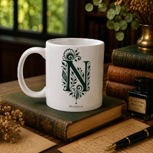 Letter N Linocut Botanical Personalised Mug