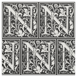 Letter N Mediaeval Monogram Art Nouveau Fabric
