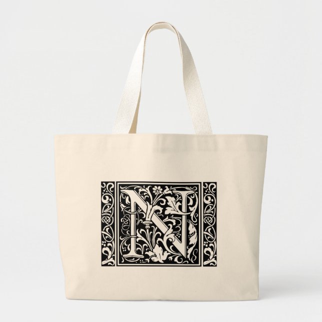 Letter N Mediaeval Monogram Art Nouveau Large Tote Bag (Front)