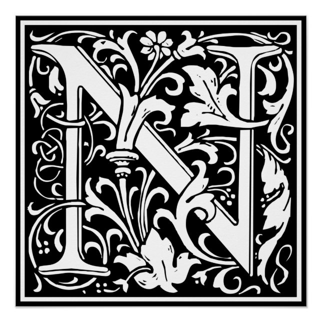 Letter N Mediaeval Monogram Art Nouveau Poster (Front)