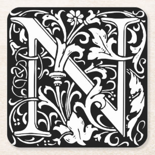 Letter N Mediaeval Monogram Art Nouveau Square Paper Coaster