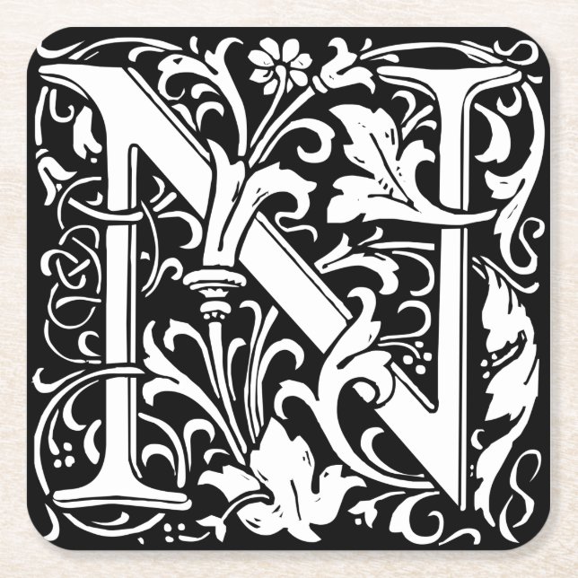 Letter N Mediaeval Monogram Art Nouveau Square Paper Coaster (Front)
