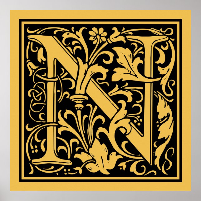 Letter N Medieval Monogram Art Nouveau Poster (Front)