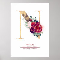 Letter N Monogram Floral Burgundy Red and Gold