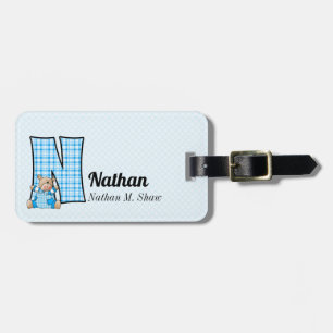 Letter N with Teddy Bear in Blue Checks Luggage Tag