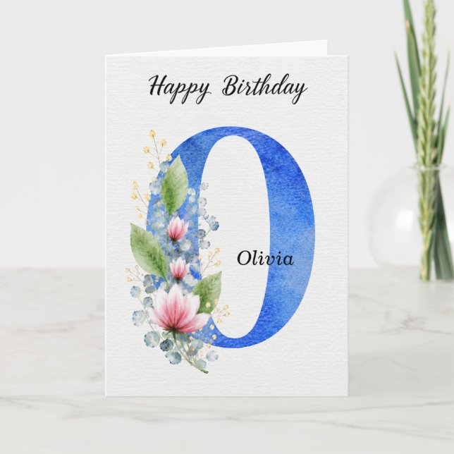 Letter O Birthday Custom Name Her Blue Monogram Card (Front)