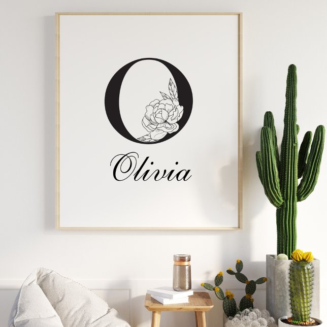 Letter O Floral Modern Black Monogram Nursery Poster (Creator Uploaded)