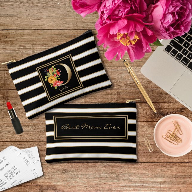 Letter O Floral Monogram Black White Gold Stripes Accessory Pouch (Creator Uploaded)