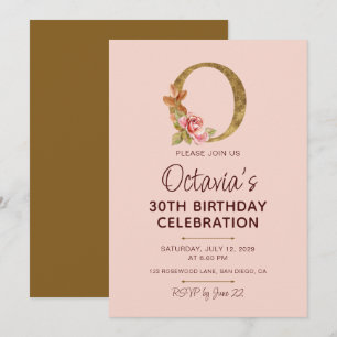 Letter O Gold Monogram Blush Pink Roses Invitation