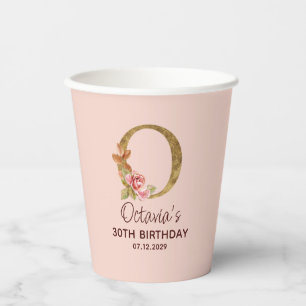 Letter O Gold Monogram Blush Pink Roses Paper Cups