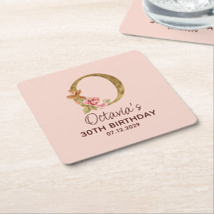 Letter O Gold Monogram Blush Pink Roses Square Paper Coaster