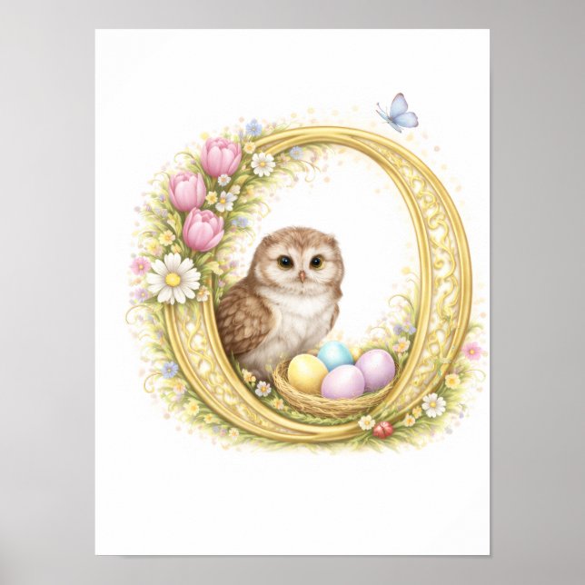 Letter O Gold Spring Nature Monogram Owl Kids Poster (Front)
