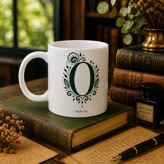 Letter O Linocut Botanical Personalised Mug (Creator Uploaded)