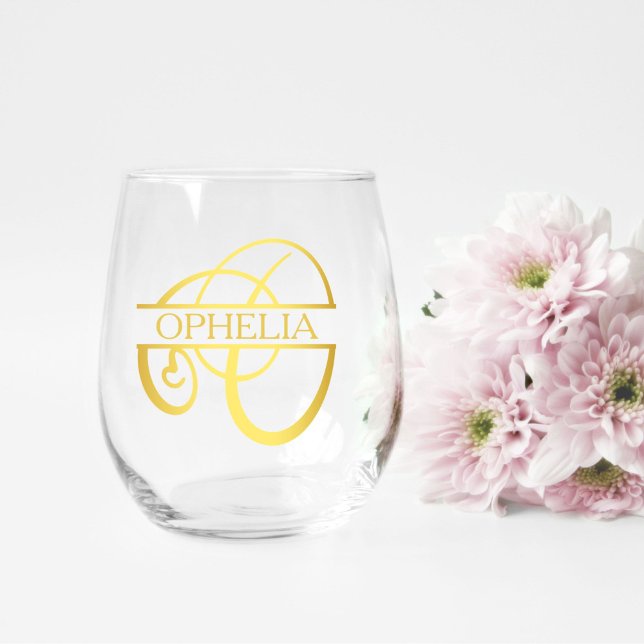 Letter O Monogram Bridesmaid Gift, Modern Elegant Stemless Wine Glass (stemless wine glass for a bridesmaid gift that has a gold split O monogram and customized with name)