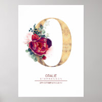 Letter O Monogram Floral Burgundy Red and Gold