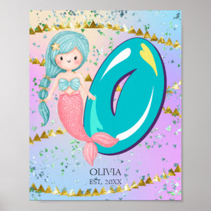 Letter O Monogram Watercolor Cute Mermaid Nursery Poster