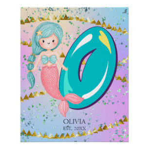 Letter O Monogram Watercolor Cute Mermaid Nursery Poster