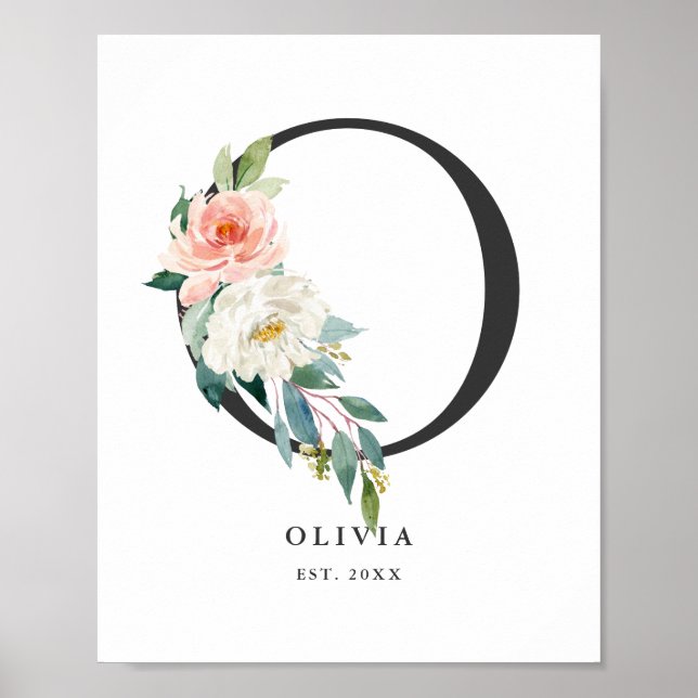 Letter O Monogram Watercolor Peach Florals Nursery Poster (Front)