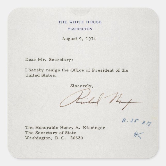 Letter of Resignation of Richard M. Nixon 1974 Square Sticker (Front)