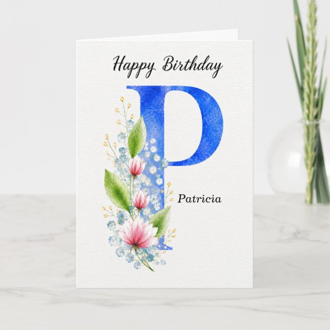 Letter P Birthday Custom Name Her Blue Monogram Card (Front)