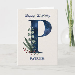 Letter P Birthday for Him Personalised Name Blue Card