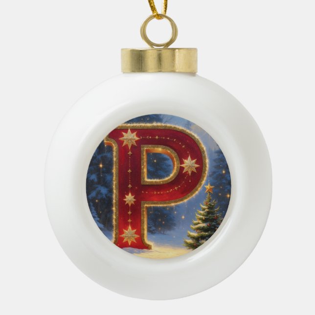 Letter P Christmas Pine Tree Personalised Initial Ceramic Ball Christmas Ornament (Front)