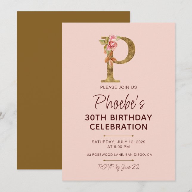 Letter P Gold Monogram Blush Pink Roses Invitation (Front/Back)