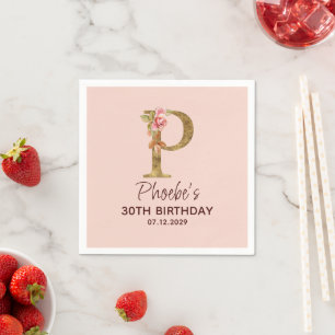 Letter P Gold Monogram Blush Pink Roses Napkin