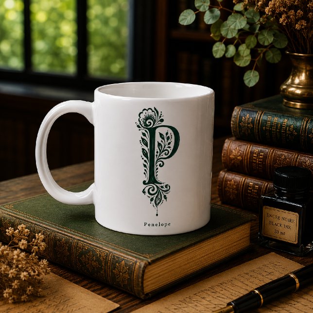 Letter P Linocut Botanical Personalised Mug (Creator Uploaded)
