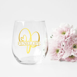 Letter P Monogram Bridesmaid Gift, Modern Elegant Stemless Wine Glass