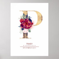 Letter P Monogram Floral Navy Blue and Burgundy