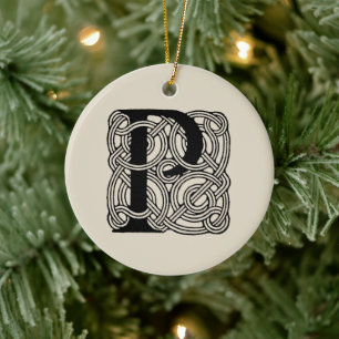 Letter P Monogram Vintage Celtic Knot Print Ceramic Tree Decoration