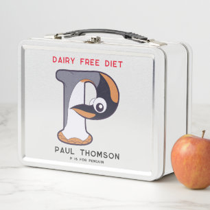 Letter P Penguin Add Name Allergies Back To School Metal Lunch Box