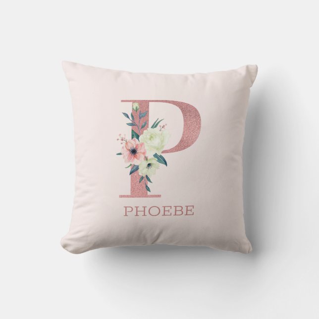 Letter P Pink Watercolor Floral Monogram Nursery Cushion (Front)