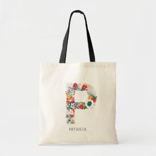 Letter P Whimsical Floral Letter Monogram I Tote Bag