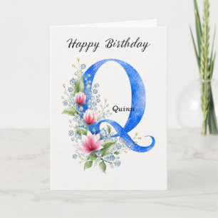 Letter Q Birthday Custom Name Her Blue Monogram Card