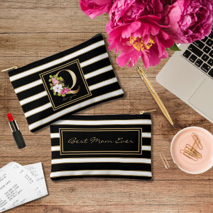 Letter Q Floral Monogram Black White Gold Stripes Accessory Pouch