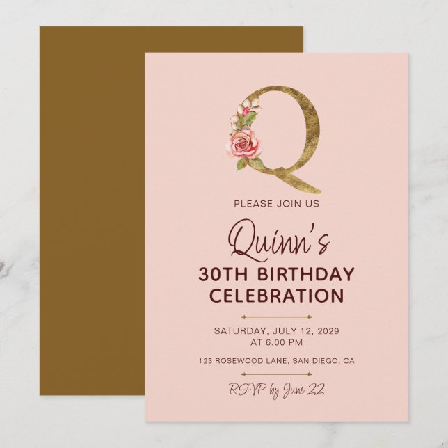 Letter Q Gold Monogram Blush Pink Roses Invitation (Front/Back)