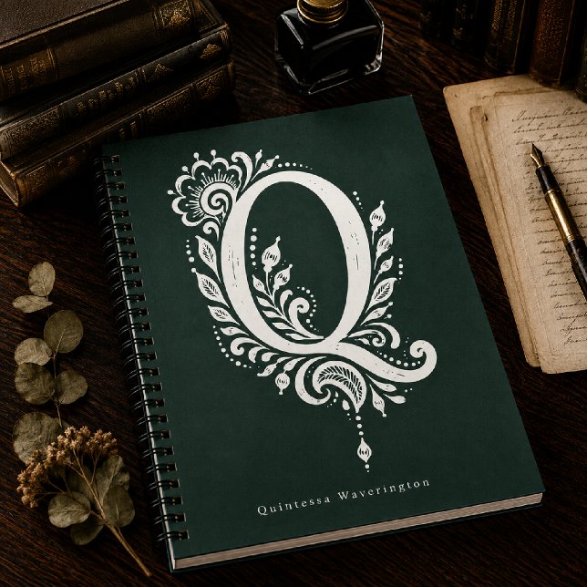 Letter Q Linocut Botanical Monogram Notebook (Creator Uploaded)