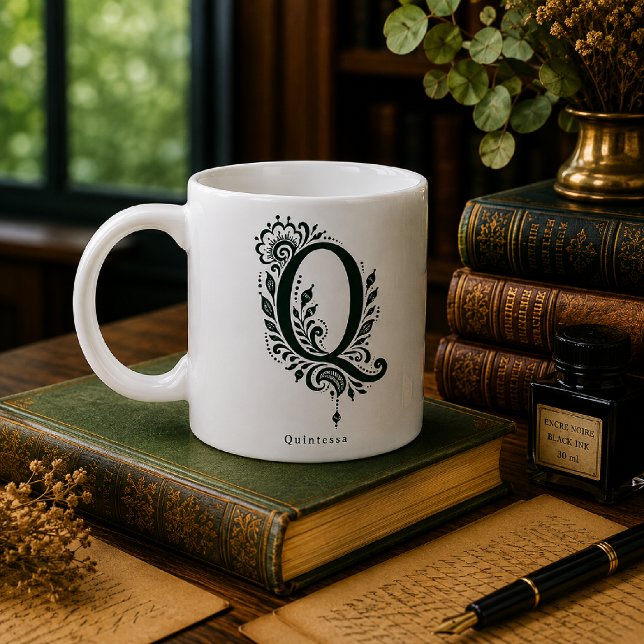 Letter Q Linocut Botanical Personalised Mug (Creator Uploaded)
