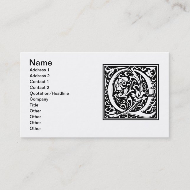 Letter Q Mediaeval Monogram Art Nouveau Business Card (Front)