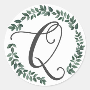 Letter Q Monogram Minimalist Botanical Leaf Wreath Classic Round Sticker