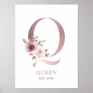 Letter Q Monogram Watercolor Rose Florals Nursery  Poster