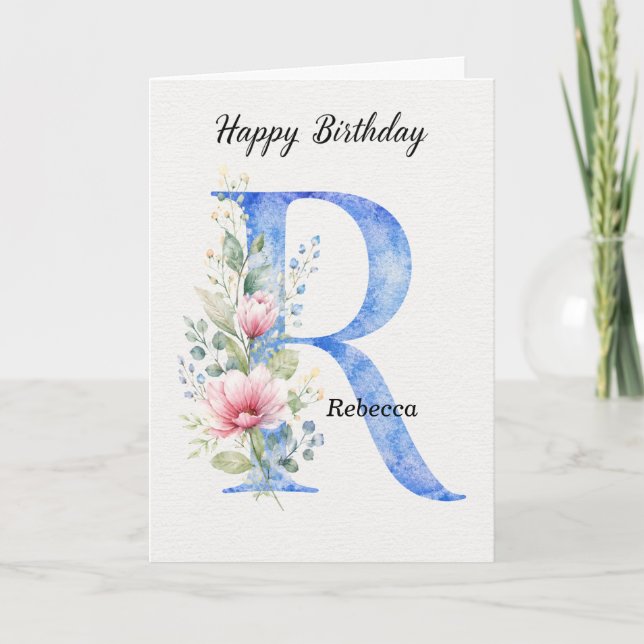 Letter R Birthday Custom Name Her Blue Monogram Card (Front)